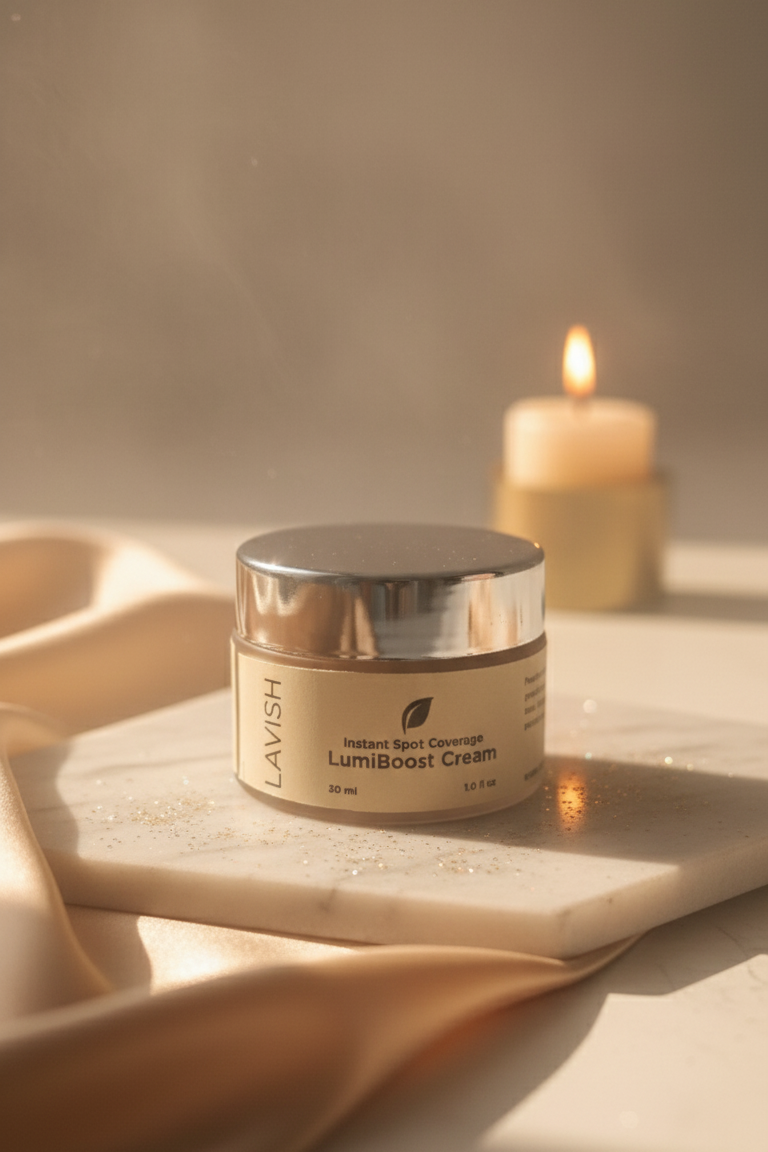 Jar of cream on a table with a candle in the background