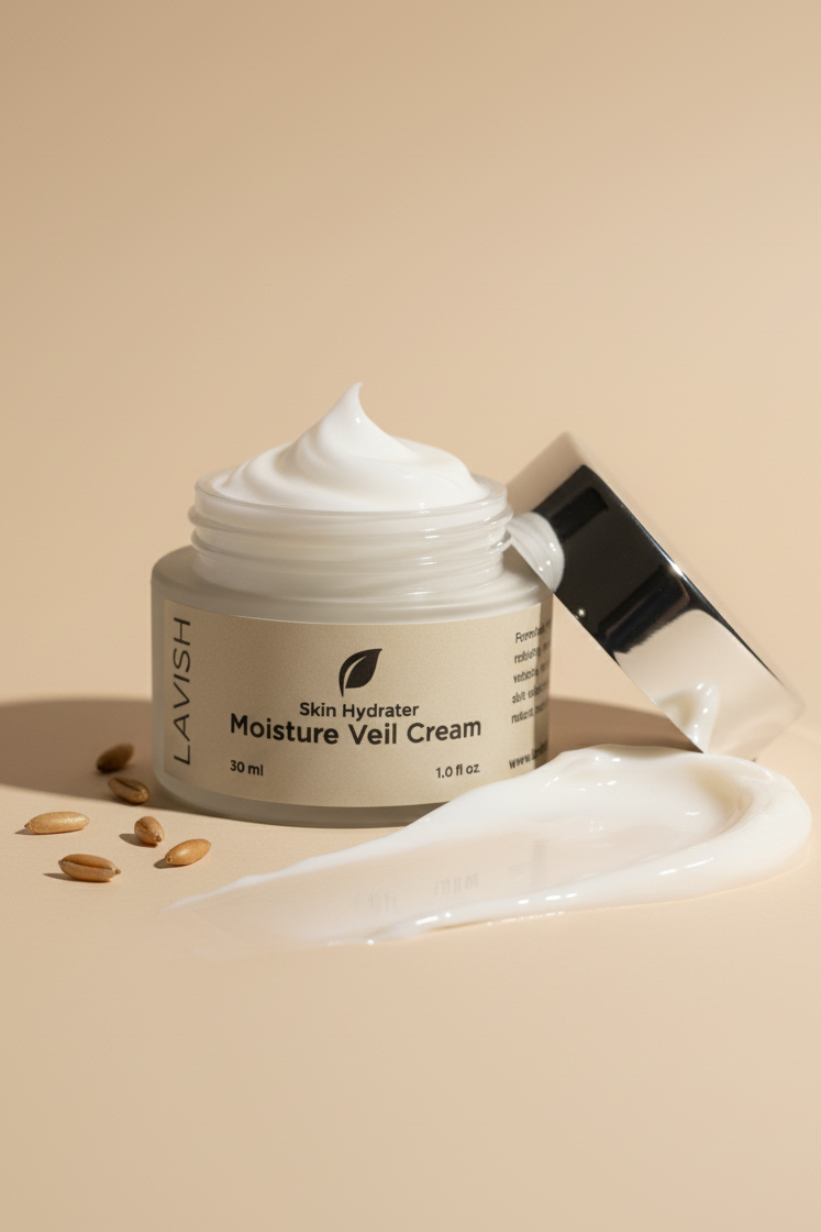 Jar of Lavish Moisture Veil Cream with a swatch on a beige background