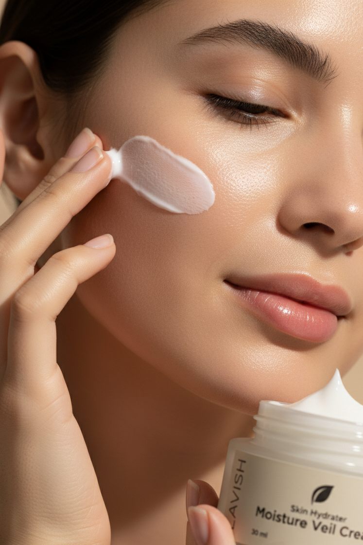 Person applying cream to their face with a focus on skincare product