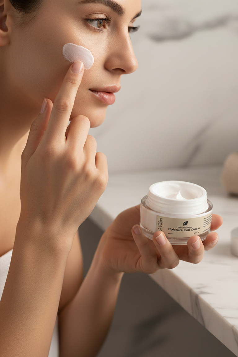 Woman applying cream to her face with a jar of cream in front of her.
