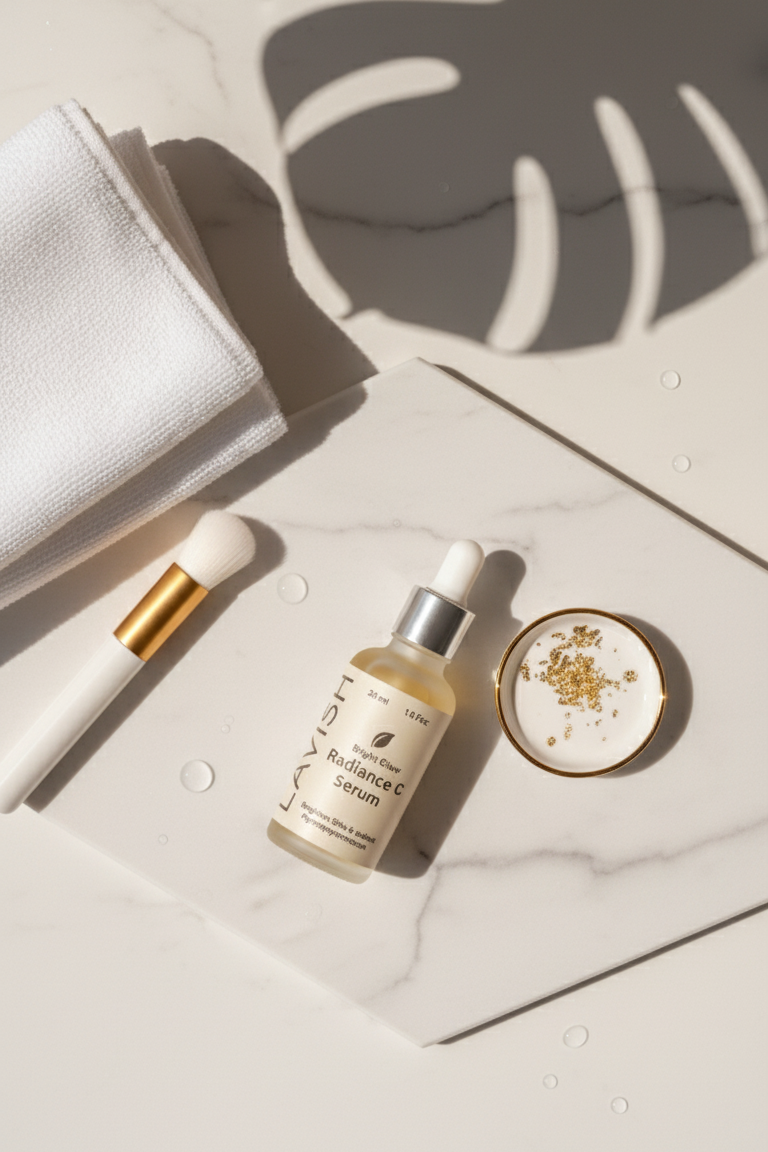 Skincare products on a light surface with a palm leaf shadow