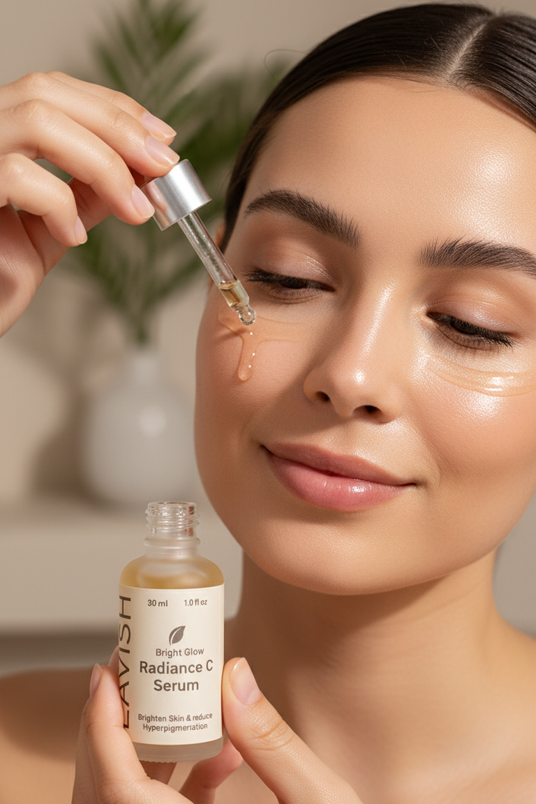 Person applying a dropper of serum to their face with a bottle of serum held by another hand.