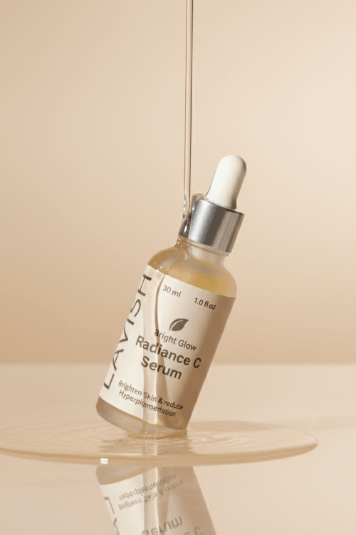 Radiance C Serum bottle with dropper on a beige background