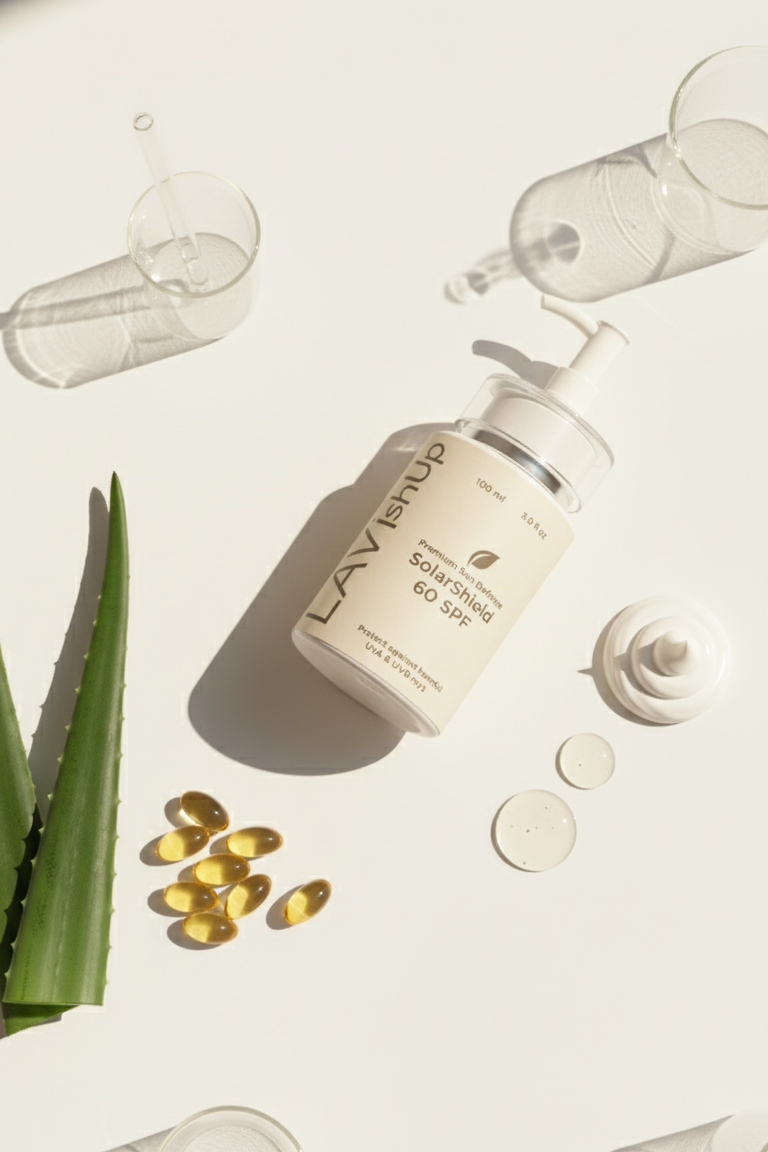 Lavish Skin product with capsules and aloe vera leaves on a light background