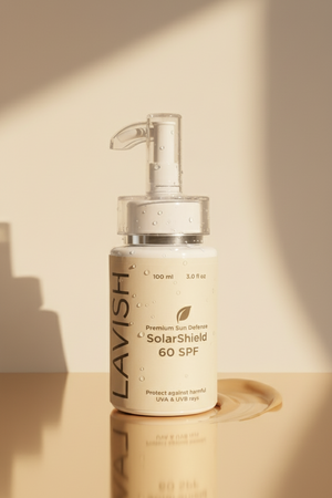 Lavish Solar Shield 60 SPF bottle on a beige background