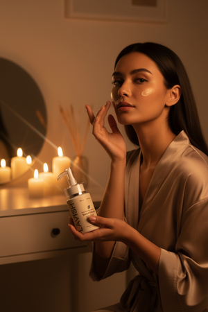 Woman holding a Lavish skin SolarShield sunblock bottle in a softly lit room with candles.