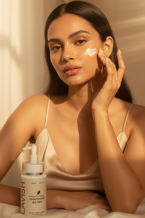 Woman applying sunscreen to her face with a bottle of Lavish Sunscreen in front of her.